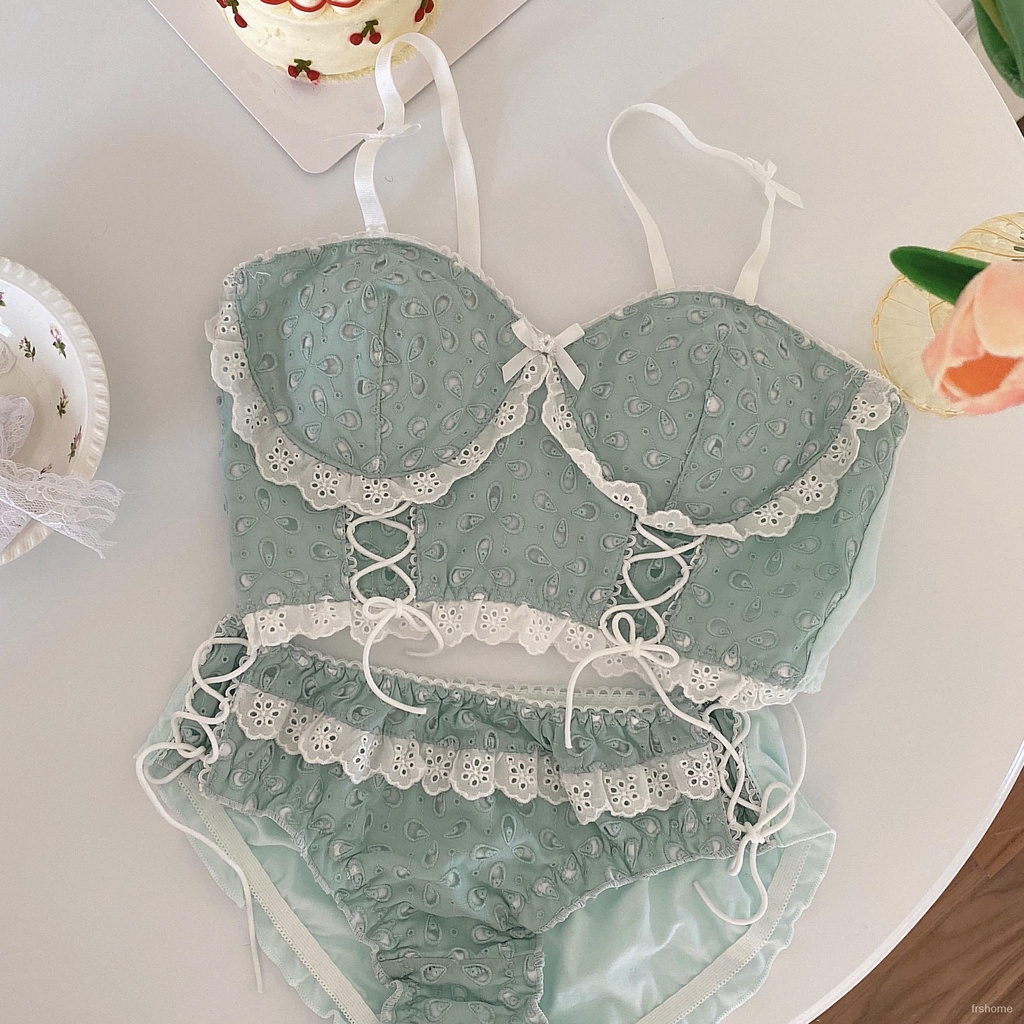 Warna solid sederhana hijau mint segar segar cincin non-baja katun nyaman bernapas set bra payudara
