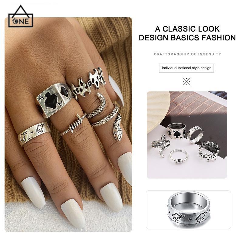 COD❤️9pcs/set Tengkorak Vintage Retro Sword Ring Hip Hop Punk Silvermetal Ring Set