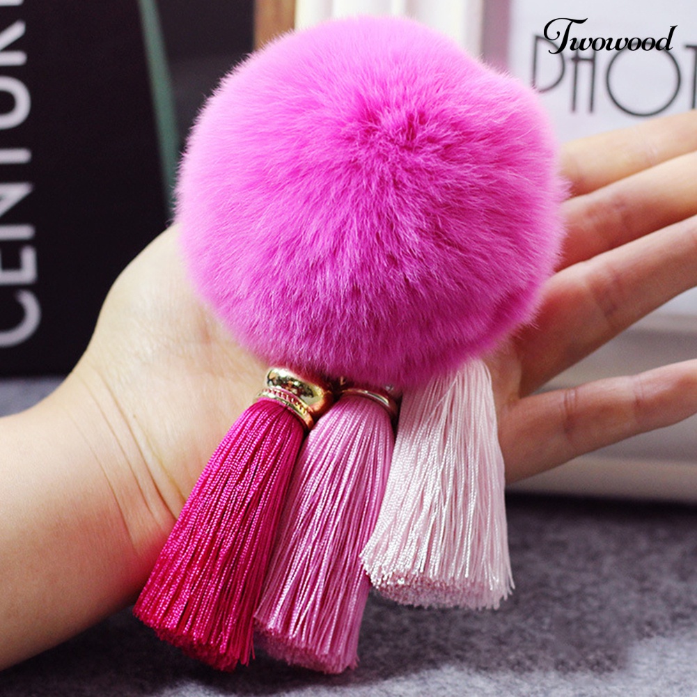 Twowood Soft Pom Pom Faux Fur Keychain Fluffy Ball Bag Gantungan Kunci Mobil Rumbai Liontin Dekorasi