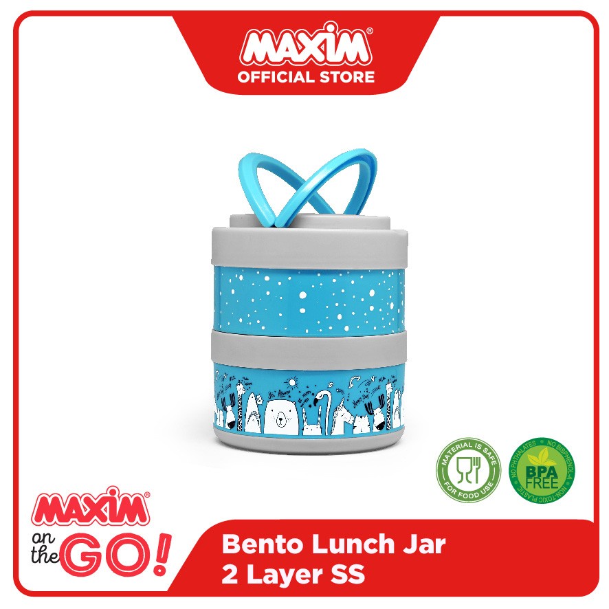 Maxim Bento Lunch Jar Blue Stainless Steel 2 Layer Kotak Makan + Sendok Garpu Plastik