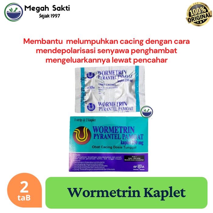 

MGS - Wormetrin Obat Cacing Strip 2 kaplet - Pyrantel Pamoat 250 mG