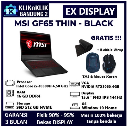 LAPTOP GAMING MSI GF65 THIN INTEL I5 GEN 10 RTX3060-6GB BLACK LIKE NEW
