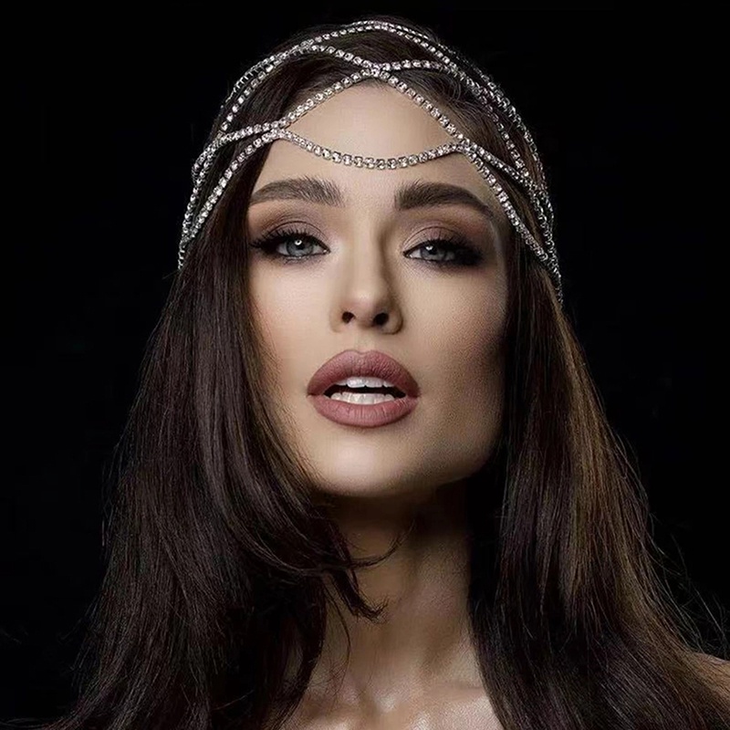 Perhiasan Rantai bridal headpiece Jaring Berlian Imitasi hollow Untuk Wanita Kristal Mewah