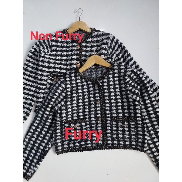 VN SINYOU LUXURY FURRY BLAZER KNIT CROP TEBAL / KNITWEAR  CARDI HOUNDSTOOTH CROP / OUTER KNIT BULU RAJUT PREMIUM