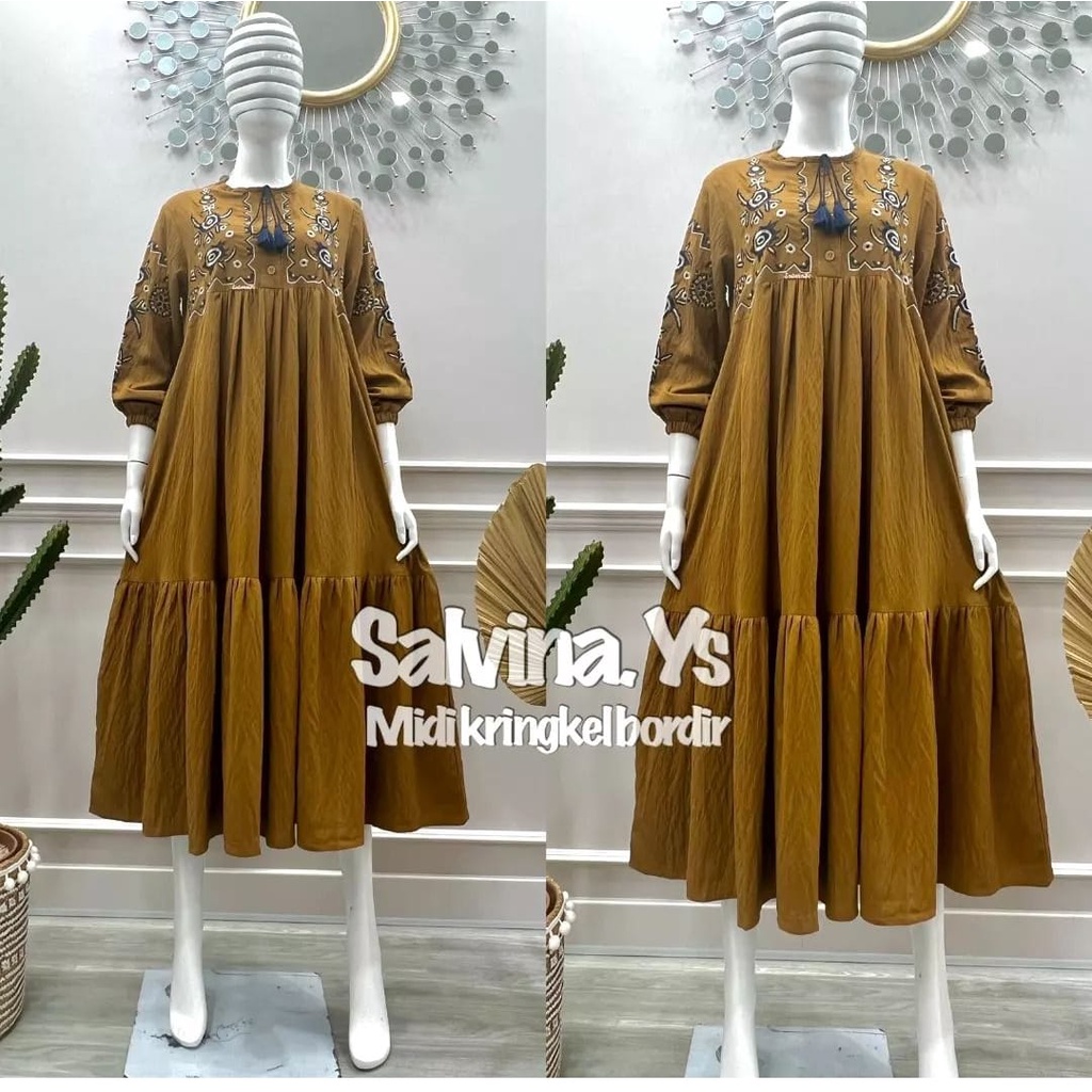 Salvina. Ys Mididress Linen Catton Crinkle mix Bordir Dada