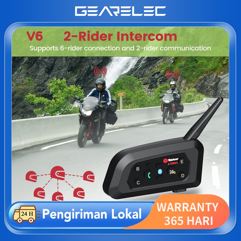 Teleheer V6 Bluetooth 5.1 Nirkabel Sepeda Motor Helm Intercom Headset Sistem Peredam Kebisingan Headphone 1200 M Rentang 6 Pengendara Full Duplex Interphone