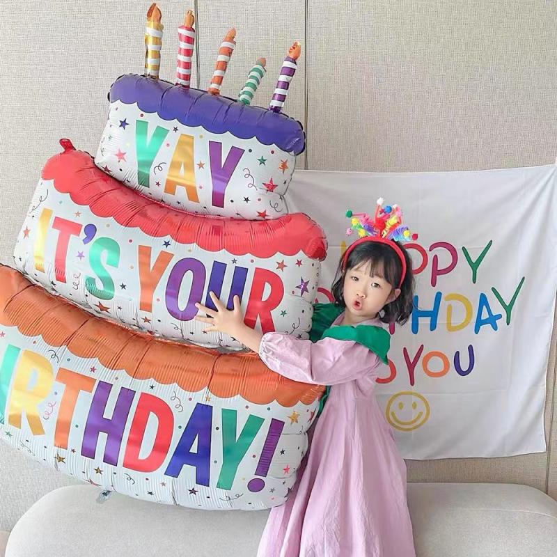 1m Happy Birthday Kue Balon Besar 3-Layer Color Candle Cake Balon Film Aluminium Untuk Pesta Ulang Tahun Properti Foto Dekorasi Adegan