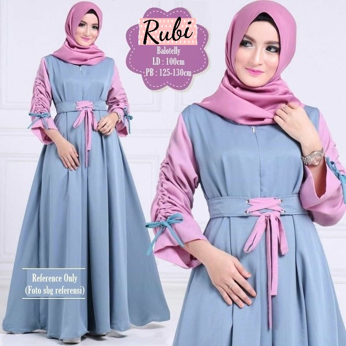 Rubi - Bisa COD Dress Gamis Baju Kondangan Busui Sleting Depan Tali Pinggang Pita Lengan Tangan Keru