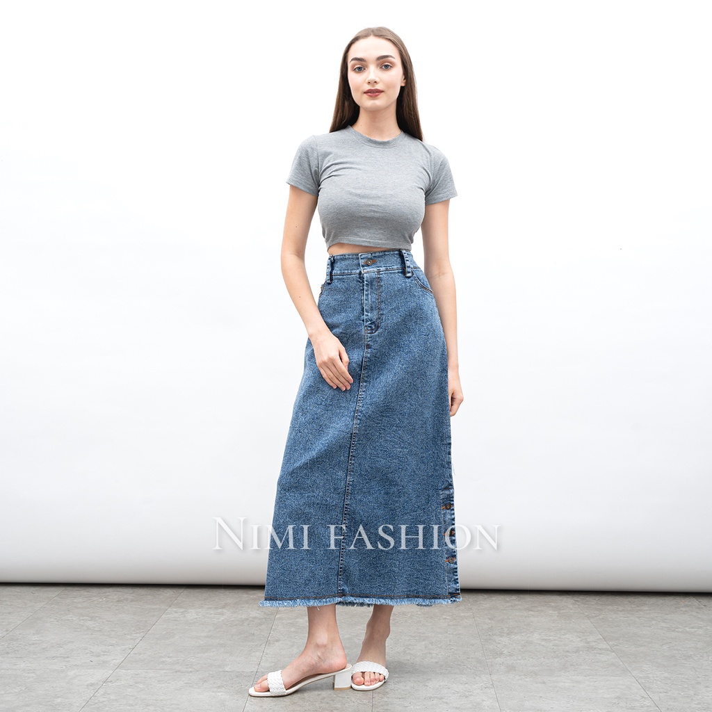 NIMI - Rok Jeans Stretch Panjang Wanita Rok Jeans Highwaist Premium