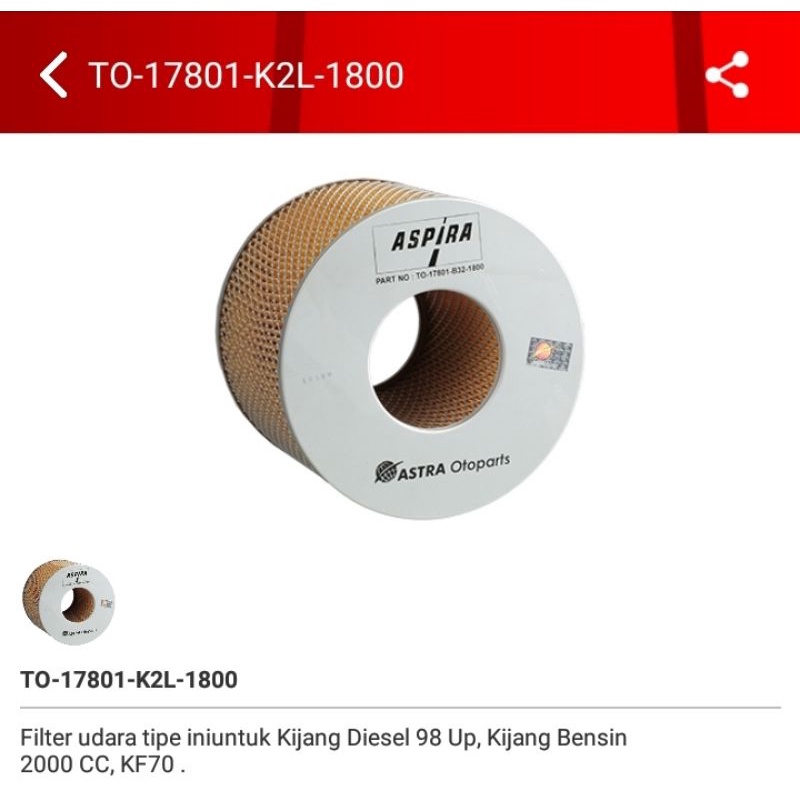filter udara kijang kapsul diesel 2L 17801-k2l