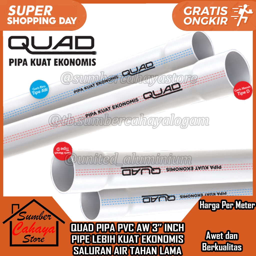 PIPA PVC AW 3 INCH PIPE QUAD KUAT EKONOMIS SALURAN AIR TAHAN LAMA PUTIH PER 1 METER PARALON PRALON U