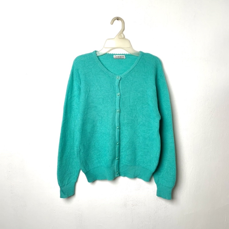 Outer cardigan rajut wanita hijau tosca basic vintage polos panjang second knitwear preloved