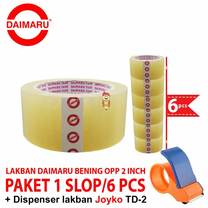 

Paket lakban Daimaru OPP Bening 2 inch + Dispenser lakban Joyko TD-2