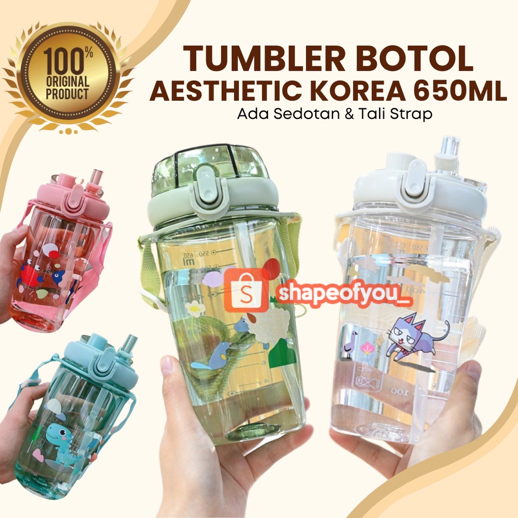 Botol Minum 2in1 Aesthetic Viral 650ml Sedotan Tali Strap Bpa Free Premium Bottle