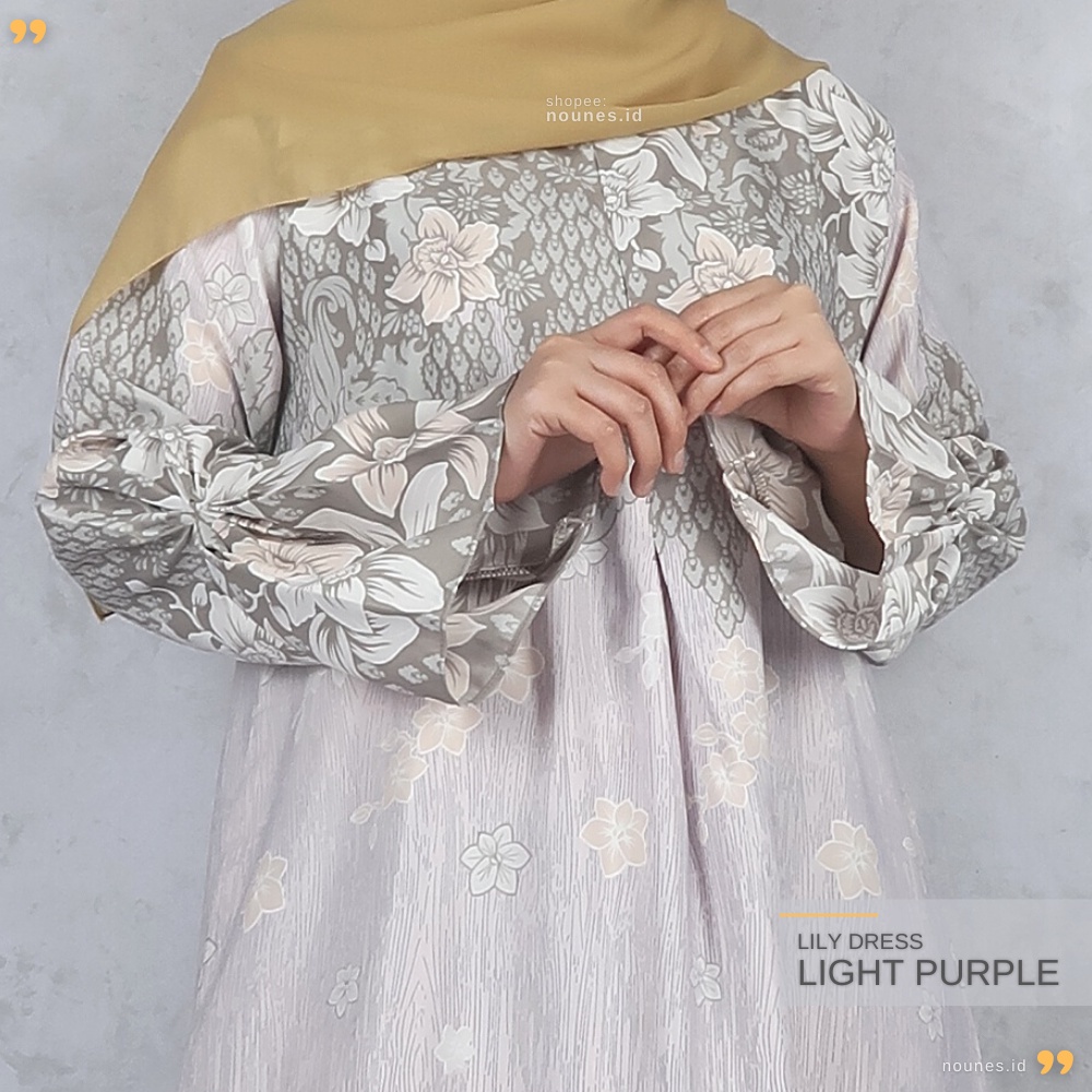 Nounes Lily Dress Gamis Wanita Remaja Dewasa Maxmara Lux Motif Bunga Busui Friendly Saku Kanan Model Abaya Loss Abu Pink Ungu muda M L XL Jumbo XXL LD 98 104 110 120