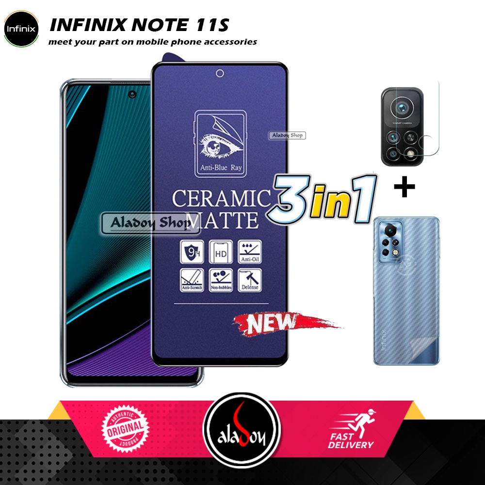 PAKET 3IN1 Anti Gores Blue Matte Anti Glare Infinix Note 11s + Tempered Glass Camera dan Skin Carbon