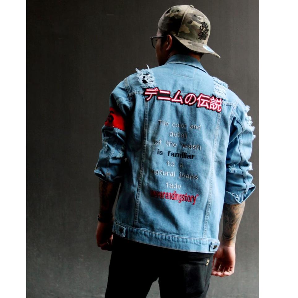 TERLARIS  JAKET JEANS DENIM PRIA KEREN BAHAN TEBAL RIPED JAPANES SOBEK SOBEK TULISAN JEPANG ORIGINAL