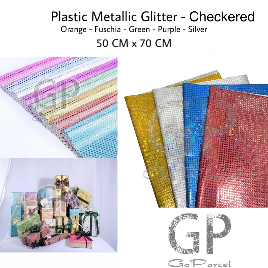 ( 3 Lembar ) PLASTIC METALLIC GLITTER CHECKERED - KERTAS KADO PLASTIK METALIK GLITER EXCLUSIVE EMBOS BICOLOR KOTAK PLAID TEXTURE PLASTIC METALIC EKSCLUSIF DOUBLE COLOR SIDED 2 SISI WARNA