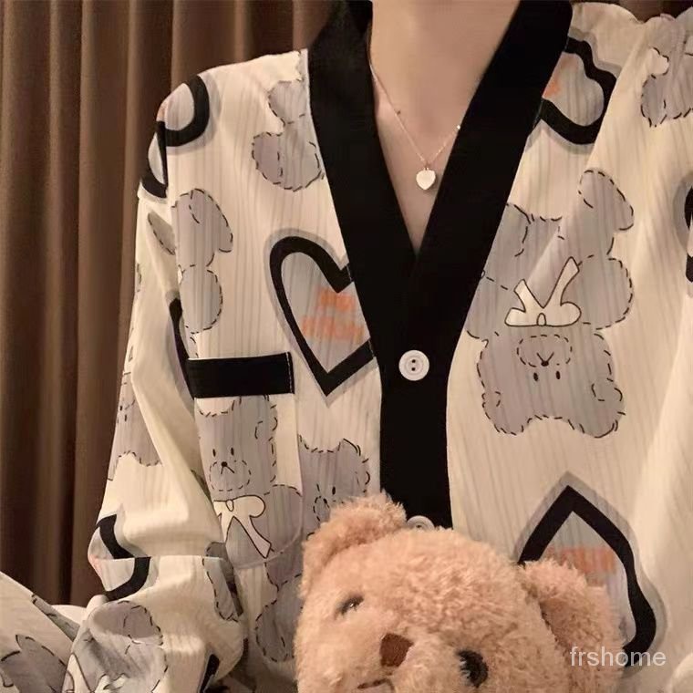 Piyama wanita berwarna-warni versi Korea dari celana panjang lengan panjang V-neck rasa senior dari