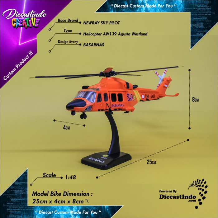 Diecast Custom Helicopter AW139 Agusta Westland BASARNAS Skala 1:48