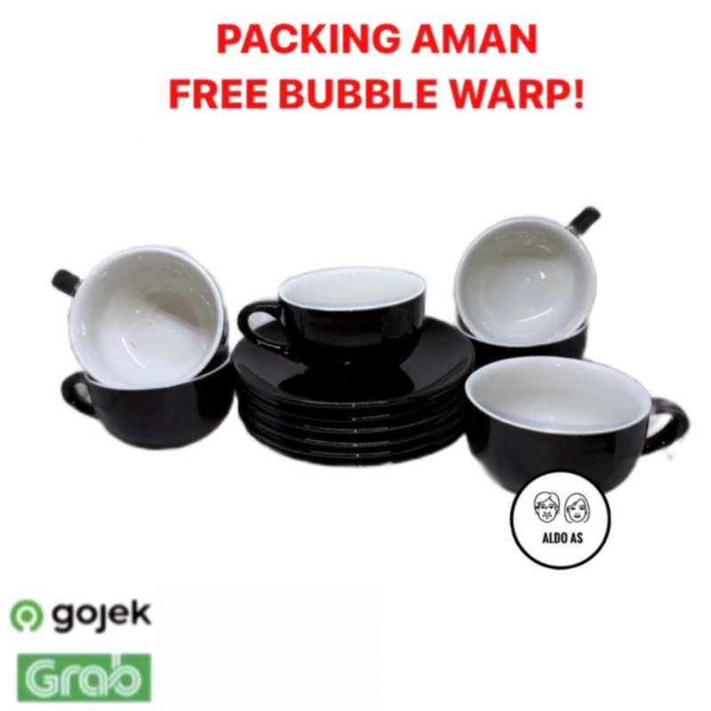 CANGKIR SET KERAMIK KOPI LATTE MOTIF KPC KAFE HITAM 12 PCS - 1 LUSIN