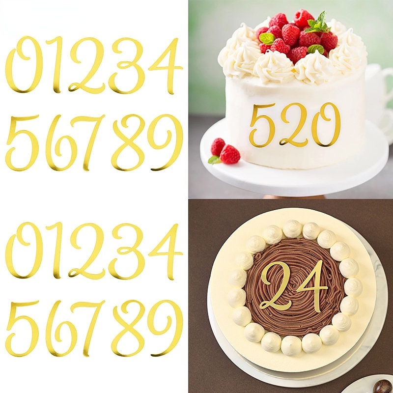 10pcs Muffin Ice Cream Cupcake Ornamen Golden Acrylic Digits Insert Card 0-9 Angka Topper Kue Dessert Halus Dekorasi Aksesoris Untuk Ulang Tahun Pernikahan Anniversary