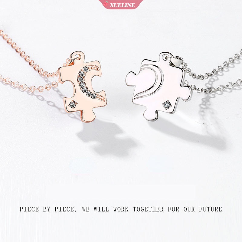 2buah Pria Wanita Pasangan puzzle Liontin Kalung Rantai stainless steel 3jenis Warna Kalung set Perhiasan Hari Valentine [ZXL]