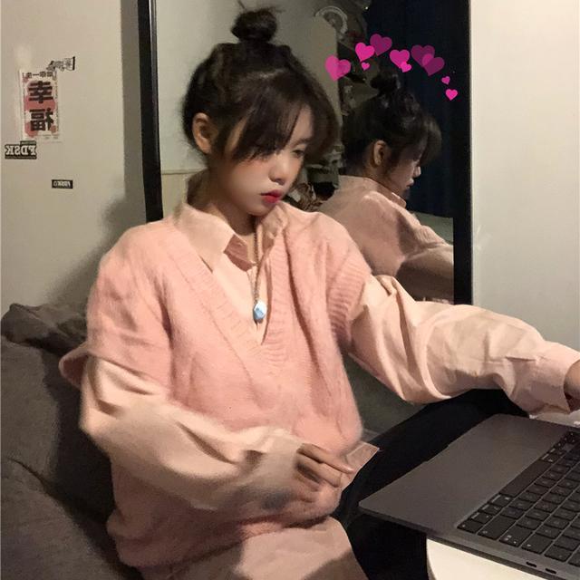 Suhao setelan dua potong siswa Gaya Korea rajutan sweater rasa susu berlapis ~ awal musim semi baju baru + setelan rompi wanita