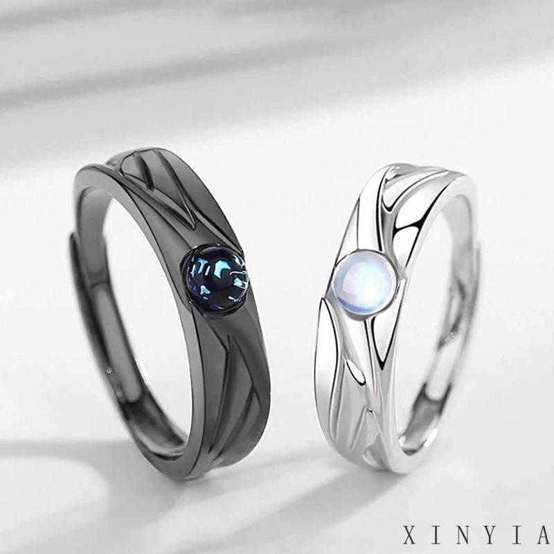 【Bayar di tempat】Cincin Metal Cincin Hitam Putih Moon Shaped Sintetis Moonstone Cincin Fashion Pasangan Yang Dapat Disesuaikan