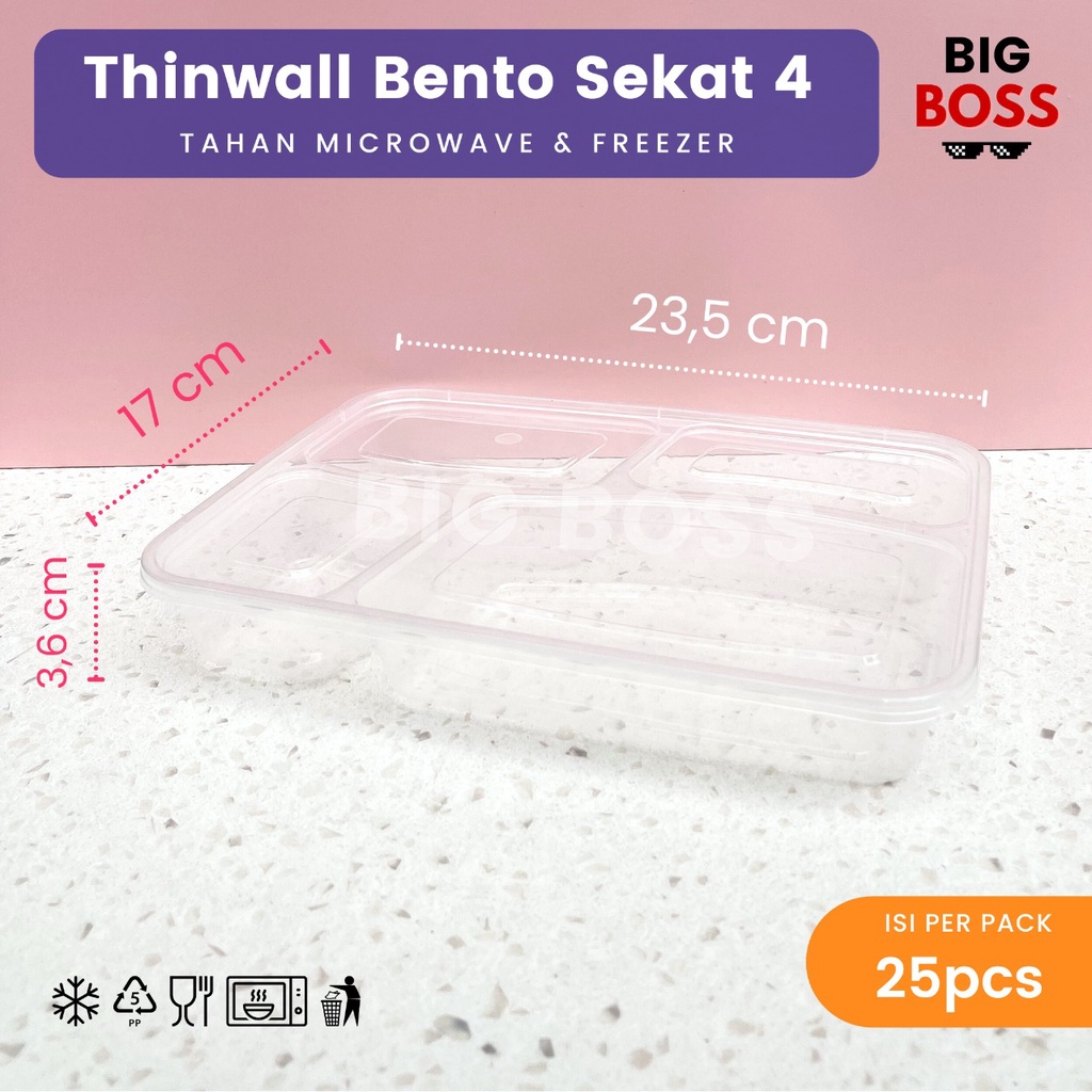 [ISI 25 PCS] Thinwall Bento Sekat 4 + Tutup / Thinwall Bento Kotak Makan Bekal / Kotak Makan Plastik / Food Container Food Grade PREMIUM MURAH