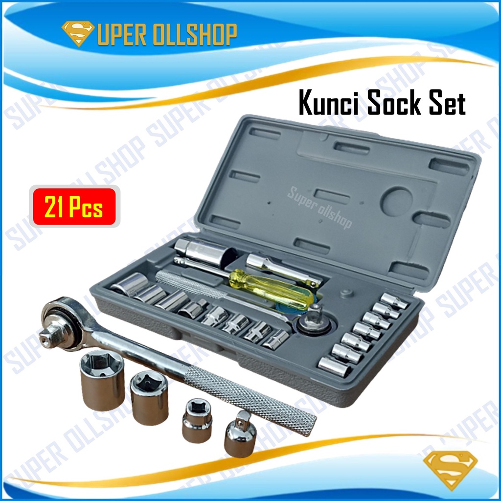 Kunci Sock Sok Set 21 Pcs / Kunci Shock Sock Hand Socket Sok Set 21 Pcs 4 MM - 21 MM / Kunci Shock Sock Sok Ratchet Set 21 Pcs Murah