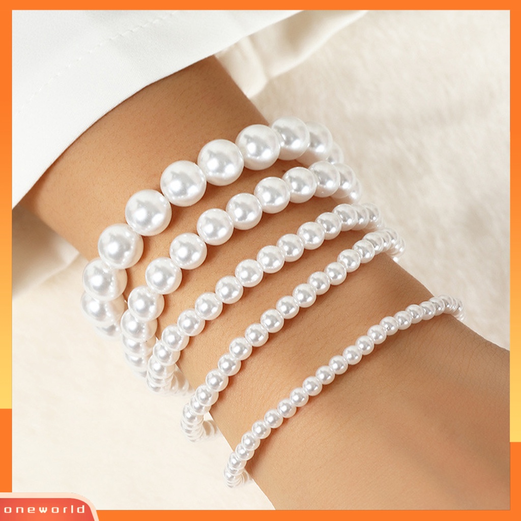 [WONE] 5 Pcs Wanita Gelang Peregangan Multilayer Perhiasan Plastik Faux Pearl Beads Bracelet Pernikahan