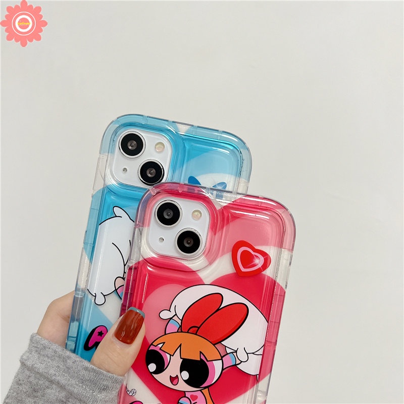 IPHONE Casing Ponsel Anak Perempuan Powerpuff Kompatibel Untuk Iphone14 13 11 12 Pro MAX XR 7plus 78 6 6S Plus X XS MAX Kartun Lucu Manis Cinta Hati Bening Shockproof AiRbag Lembut TPU Penutup Belakang