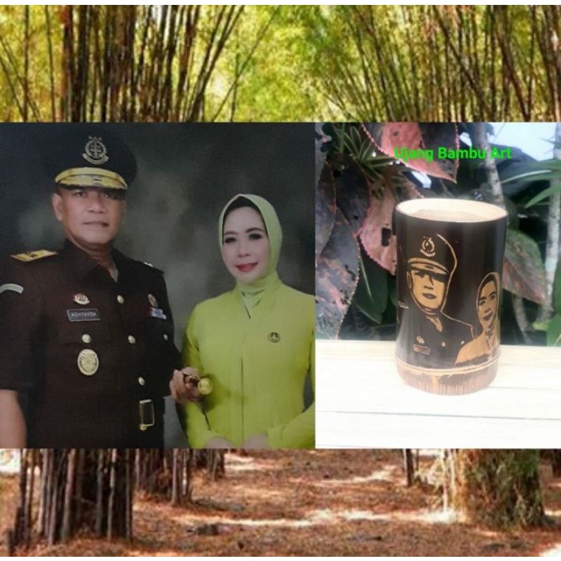 Gelas/Cangkir Ukir Bambu Hitam Foto Berpasangan