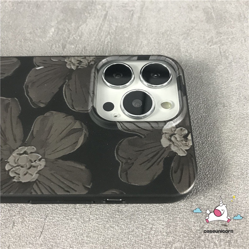 IPHONE Casing Case Ponsel Glossy Kompatibel Untuk Iphone14 13 11 12 Pro Max 7Plus 8Plus XR 78 14 Plus X XS Max SE 2020retro Lukisan Cat Minyak Bunga Halus Lembut Tpu Hitam Penutup Belakang