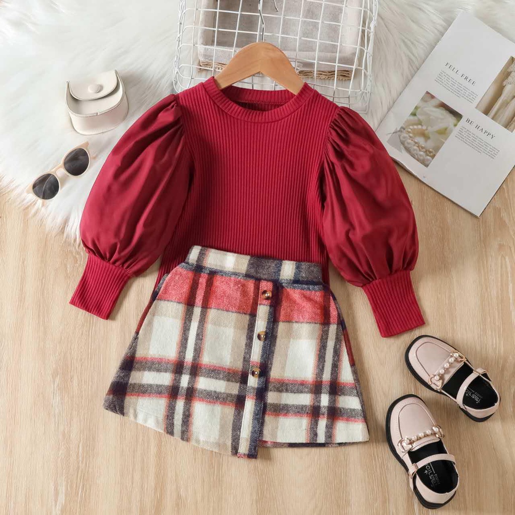 ( LOLI-JKT) BS-359 SETELAN ANAK MAROON SKIRT KOTAK SIZE 90-140