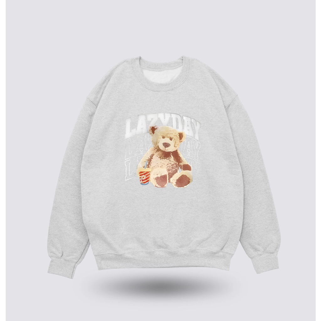 SWEATER CREWNECK OVERSIZE WANITA  LAZYDAY BEAR FIT TO XL / SWEATER TEBAL HALUS