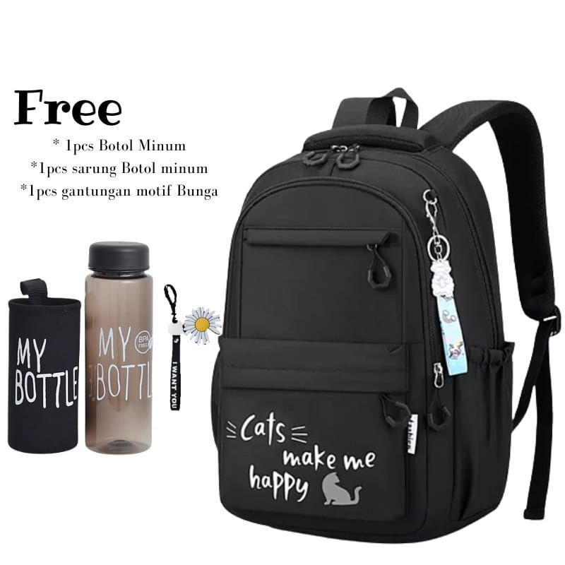 Ransel Wanita Terbaru Backpack Korea Tas Sekolah Remaja Cats Happy Free Botol Nicee STYLE Anak Remaja