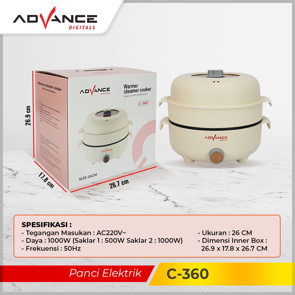 ADVANCE Panci Electrik Pengukus C-360 Panci Listrik Multifungsi Warmer Steamer Cooker