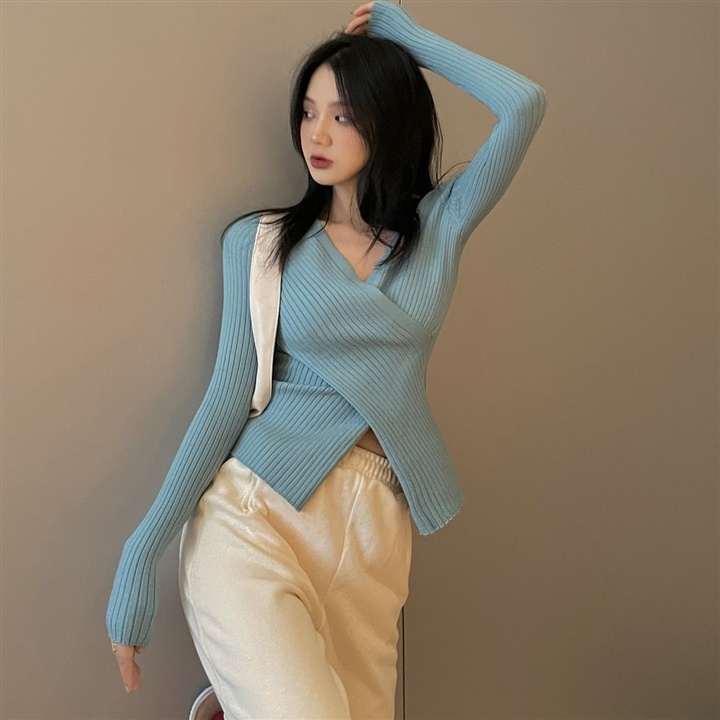 【Elegant】V-neck Cross Ribbed Knit  Solid Color Long Sleeve Top 2368