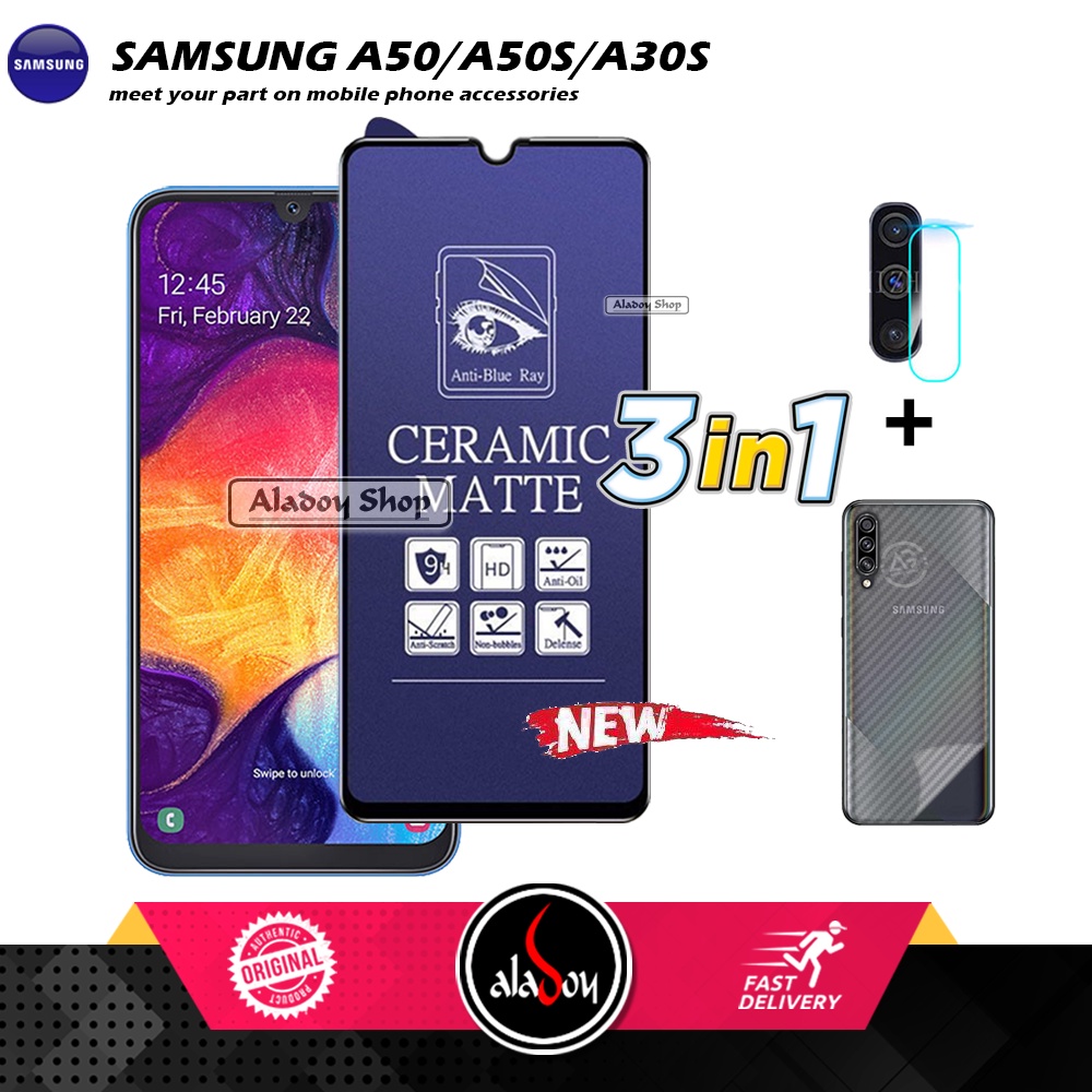 PAKET 3IN1 Anti Gores Blue Matte Anti Glare Samsung A50/A50S/A30S + Tempered Glass Camera dan Skin Carbon