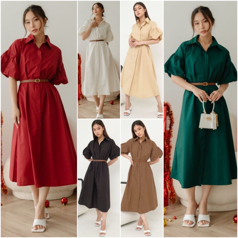 ❣️ SPECIAL PRICE ♡ PREMIUM ♡ ORIGINAL ! MERRIAM BALOON PUFF PLUFFY SLEEVE COLLAR BUTTON LOOSE  MIDI DRESS WITH  BELT ( BUSUI &amp; BUMIL FRIENDLY )