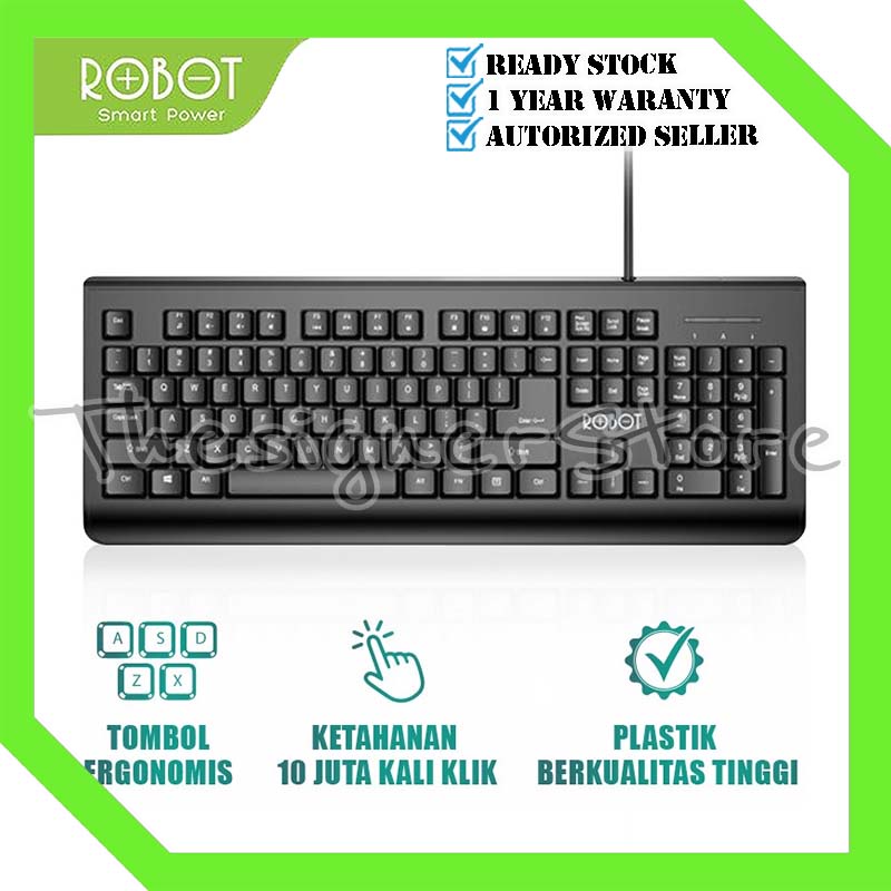 ROBOT RK20 Keyboard Komputer Kabel / Portable Mini Office Wired Keyboard Ultra Thin - Garansi Resmi 1 Tahun