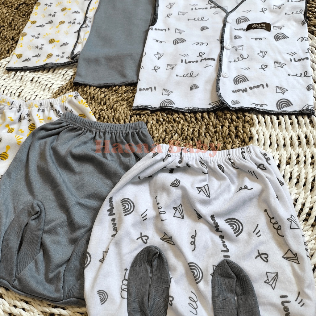 Paket 6Pcs, Setelan Baju Bayi Baru Lahir Kutung dan Celana Pop Kekinian Seri Abu Lucu - Juragan lebak