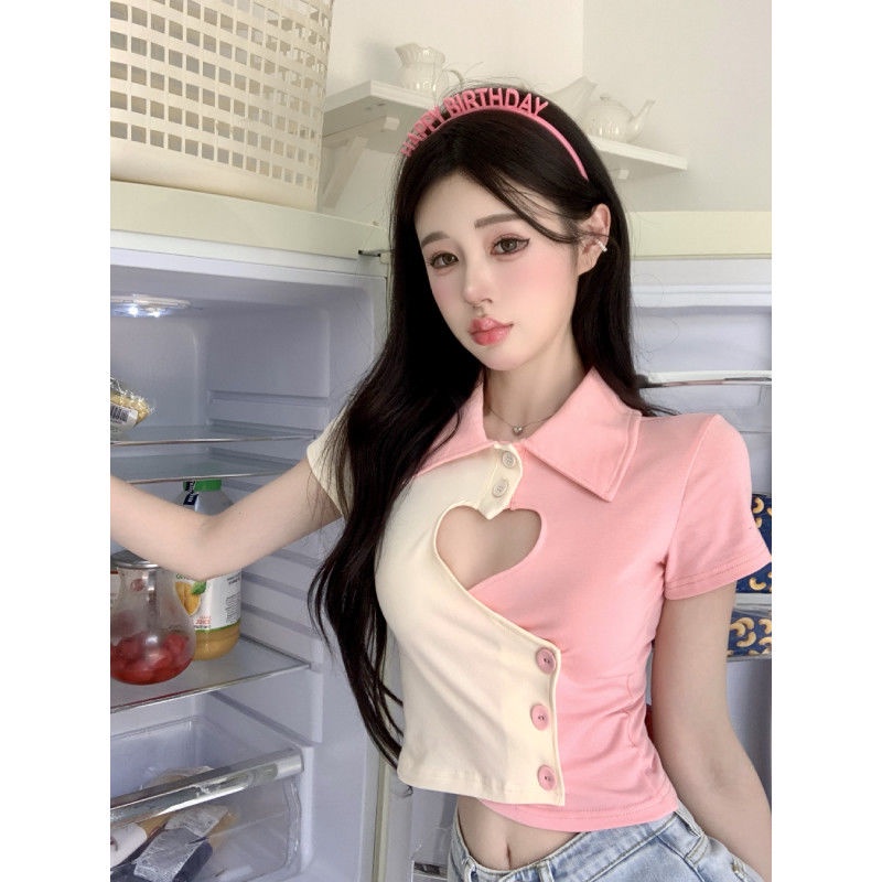 ❈Suhao manis hot gadis lengan pendek berongga T-shirt wanita musim panas pendek polo kerah chic slim slim desain niche top