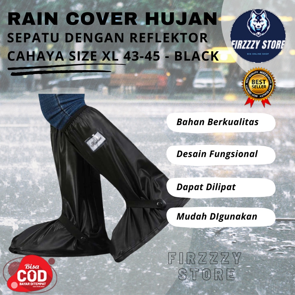 Rain Cover Hujan Sepatu dengan Reflektor Cahaya Size XL 43-45 - Black