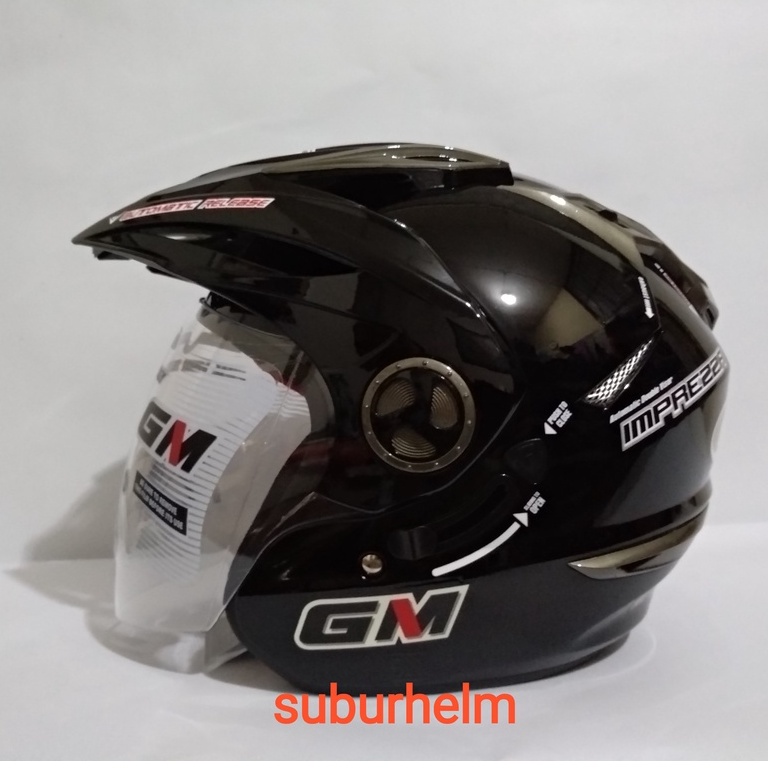HELM  GM  NEW  IMPREZZA   SOLID   BLACK DOFF  DAN  GLOSSY   HALF FACE  DOUBLE VISOR  ORI