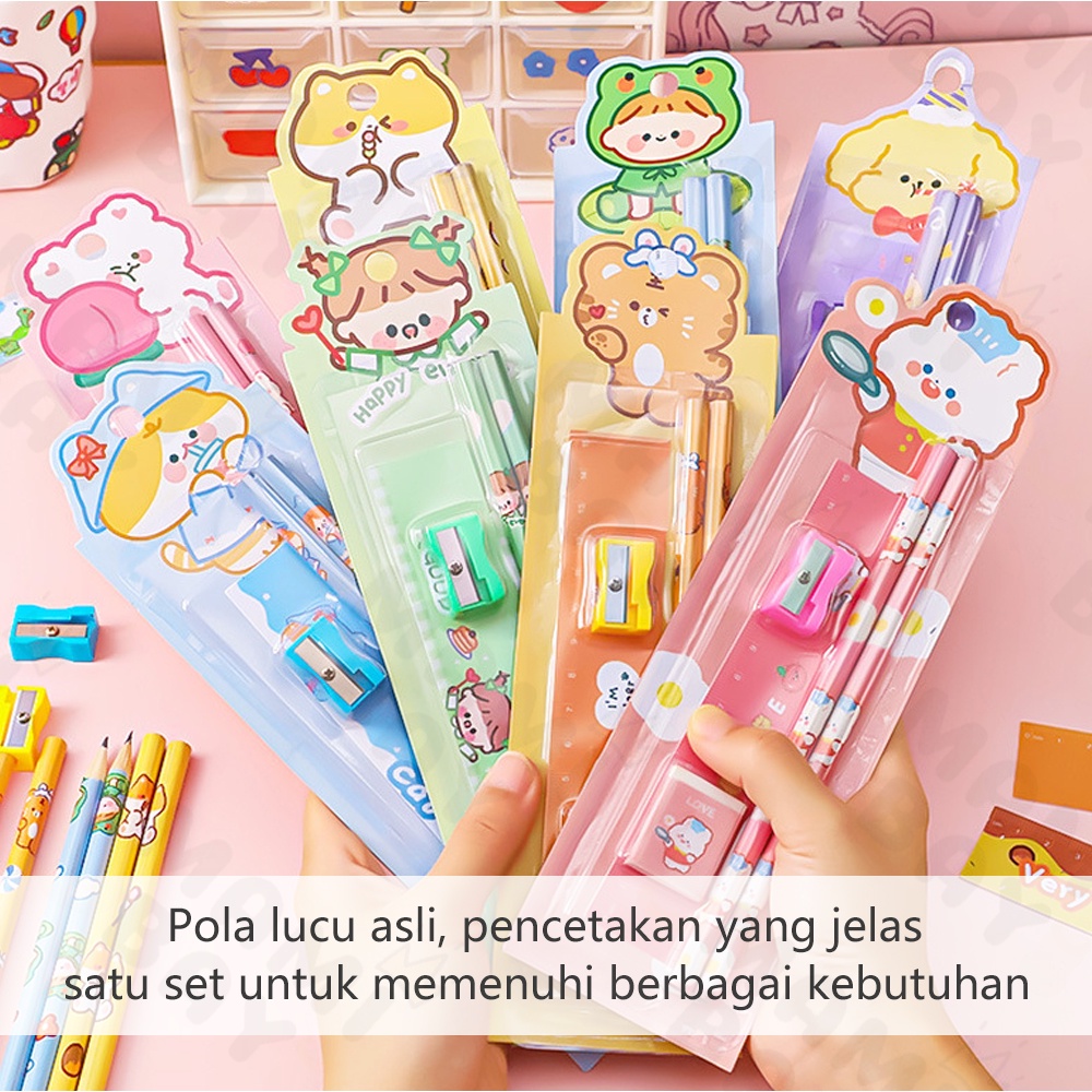 Mamibayi Pensil Set Penghapus Alat Tulis Anak Rautan pensil Stationery Set 5 in 1