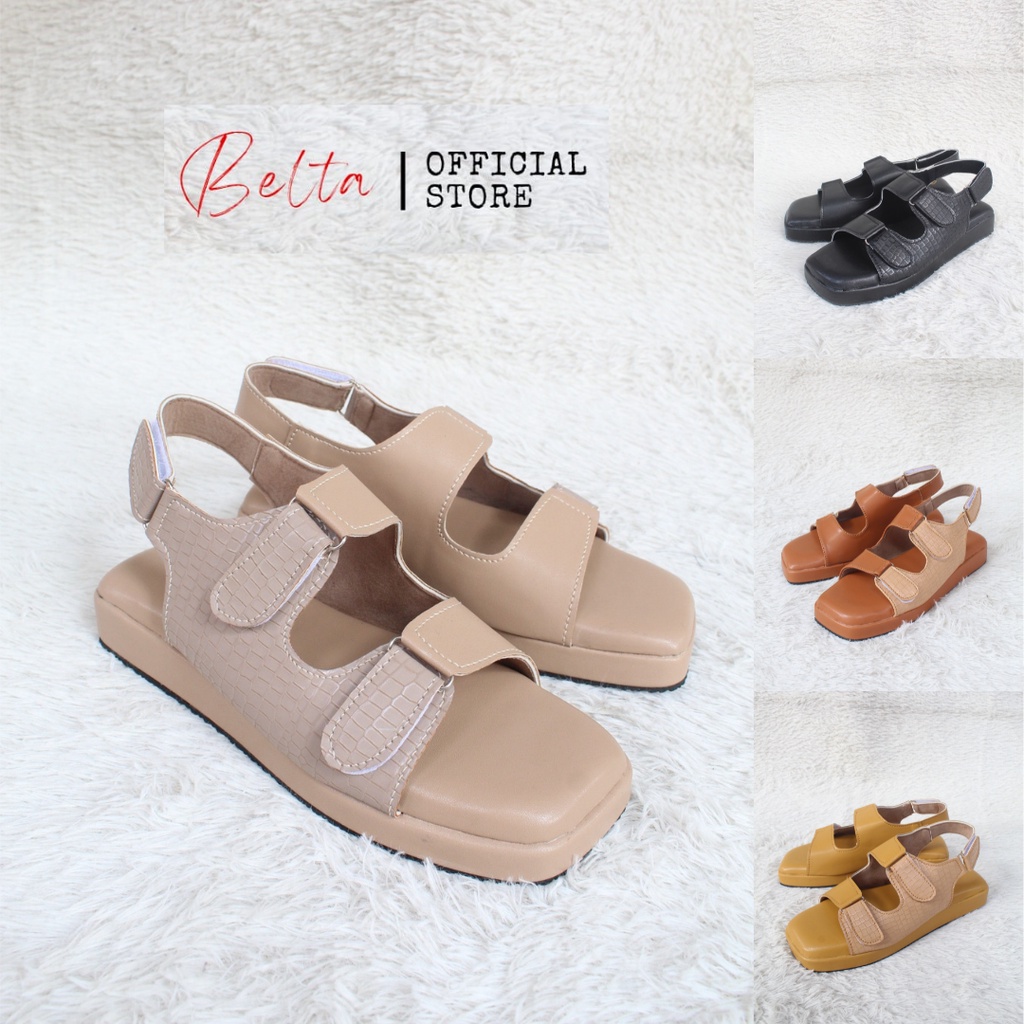 BELTA Sandal Wanita Tali Belakang Sol Tebal Empuk Mocca Tan Mustard Black