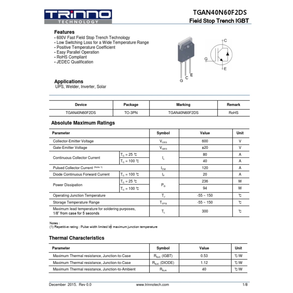 IGBT 40n60  TRANSISTOR MESIN LAS 40A 600V ORIGINAL